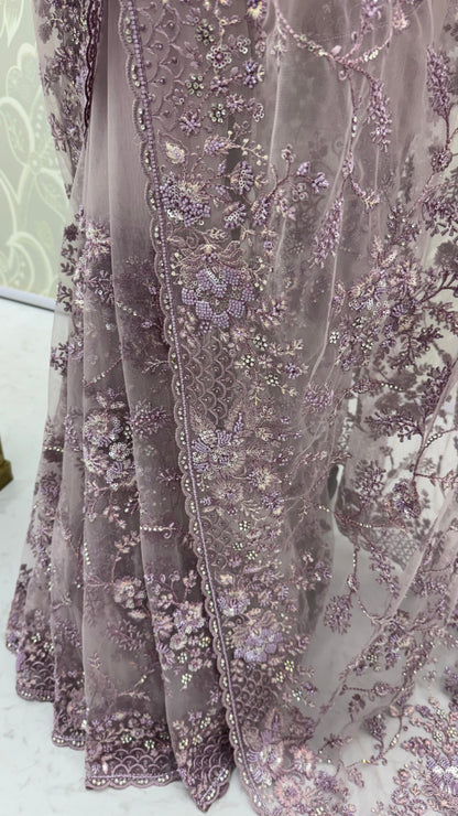 Lavender Pure Premium Net Handwork Kasti &amp; Motif Zari Metallic Sequins Work Wedding Saree