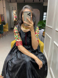 Black Printed Dola Silk Gown With Dupatta
