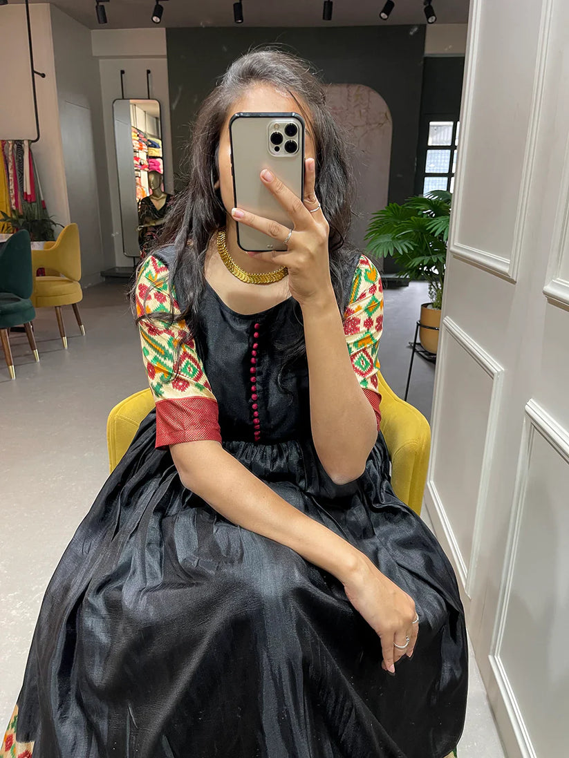 Black Printed Dola Silk Gown With Dupatta