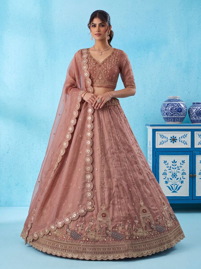 Pink Pure Chandnia Silk Handwork Motif Peacock Pattern Crystal Beads Multi Thread Dori &amp; Sequins Work Bridal Lehenga Choli