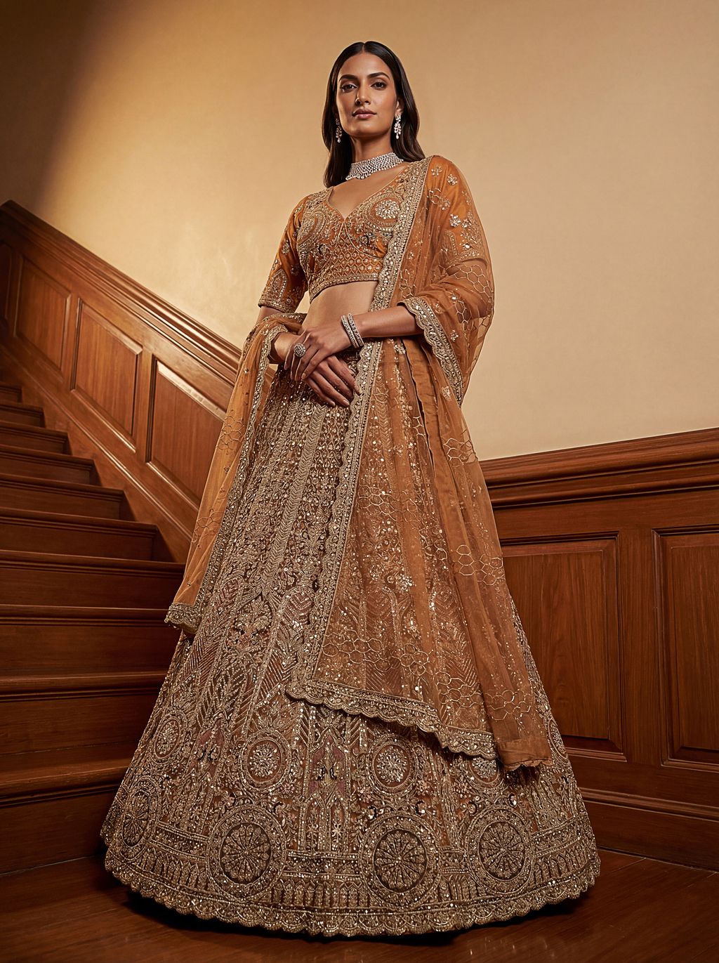 Orange Pure Soft Heavy Net Sequins Embroidery Work Bridal Lehenga 