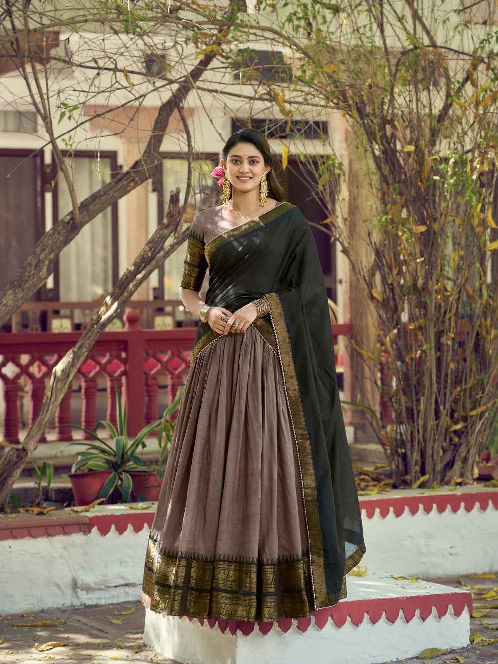 Brown Pure Poly Poly Cotton with Zari Woven Half Saree Lehenga