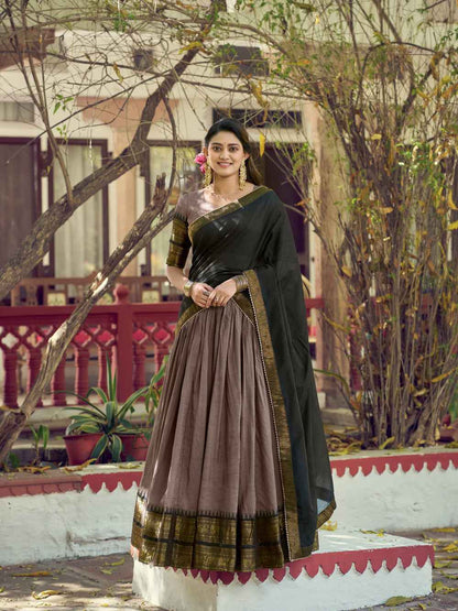Brown Pure Poly Poly Cotton with Zari Woven Half Saree Lehenga