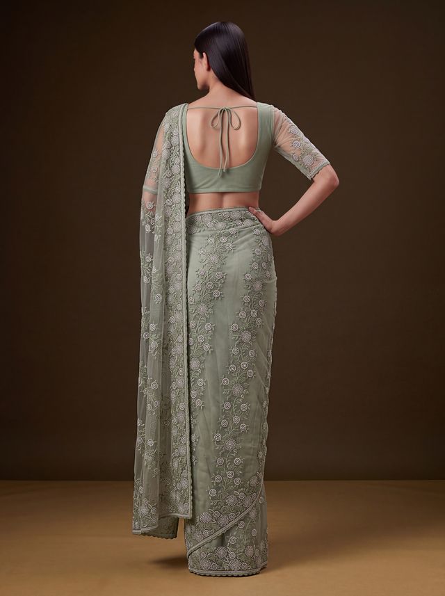 Olive Green Pure Premium Net Handwork Kasti &amp; Motif Zari Metallic Sequins Work Wedding Saree