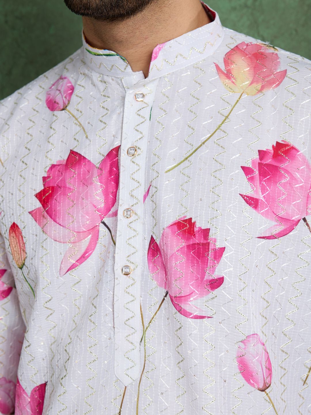 White & Pink Pure Heavy Reyon Silk with Embroidery Work Printed Kurta Pajama