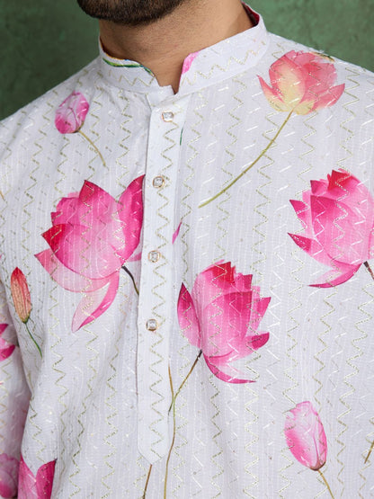 White &amp; Pink Pure Heavy Reyon Silk with Embroidery Work Printed Kurta Pajama