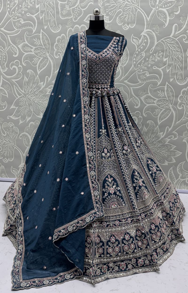 Midnight Blue Pure Soft Satin Silk Heavy Embroidery Work Bridal Lehenga