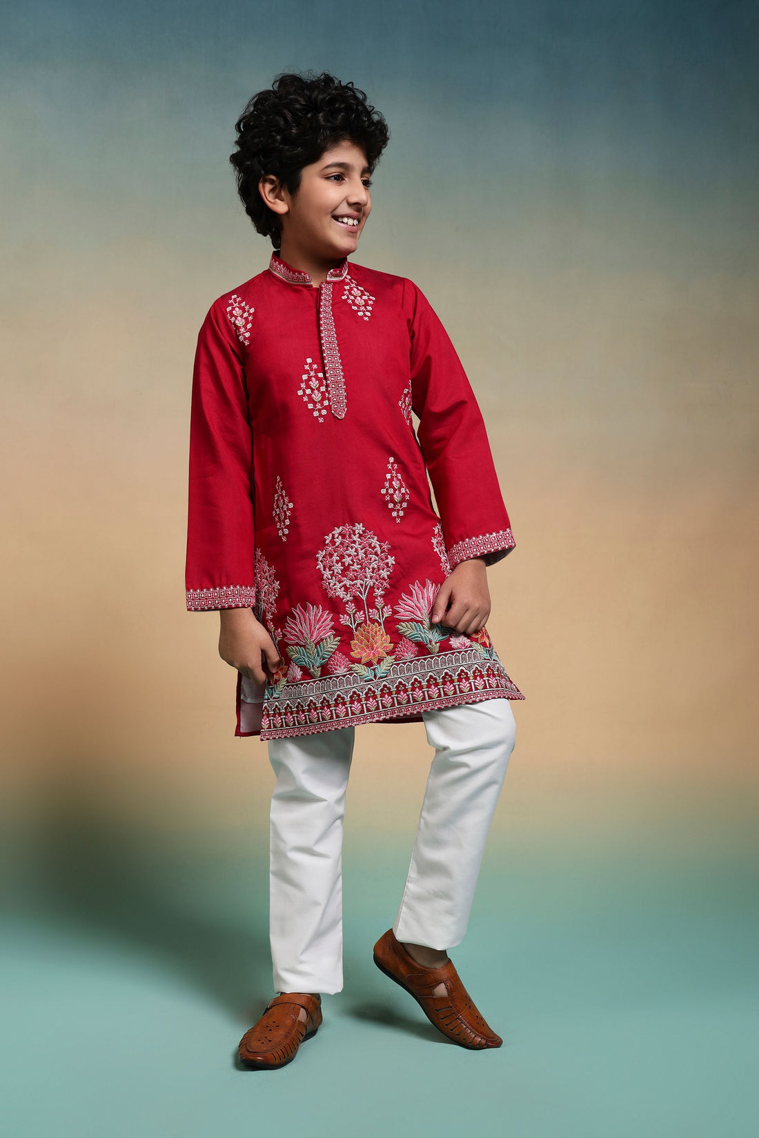 Red Pure Viscose Silk Kids Boy Kurta Pajama 