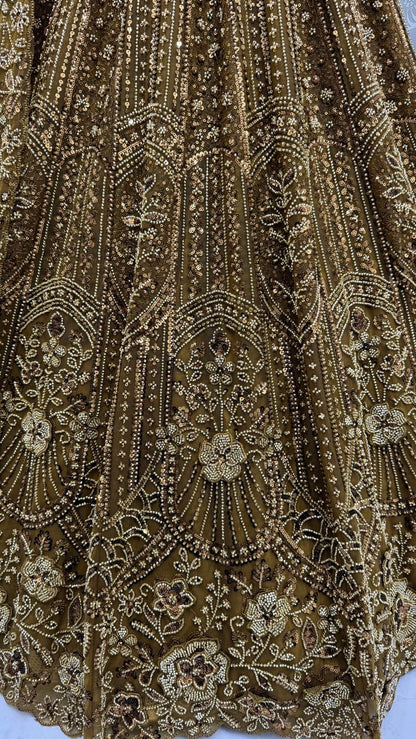 Golden Pure Soft Net Heavy Embroidery Work Bridal Lehenga