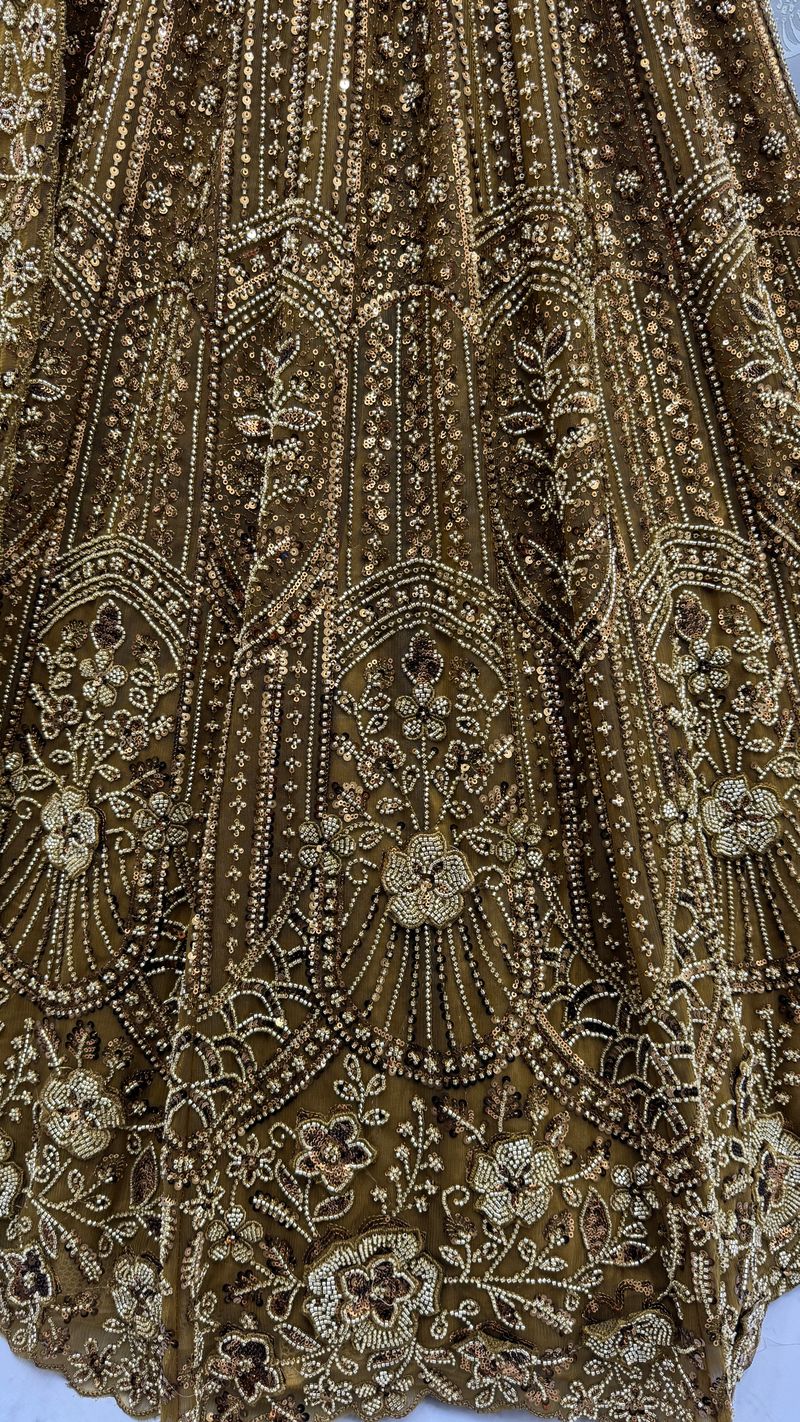 Golden Pure Soft Net Heavy Embroidery Work Bridal Lehenga