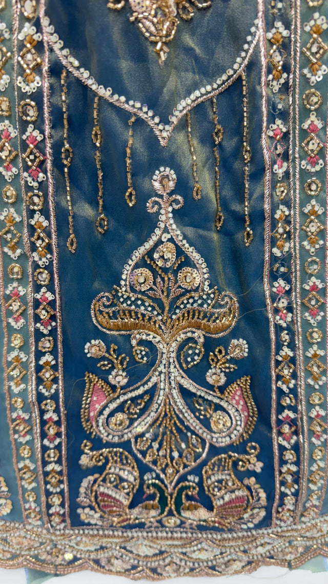 Teal Blue Pure Chandnia Silk Handwork Motif Peacock Pattern Crystal Beads Multi Thread Dori and Sequins Work Bridal Lehenga Choli