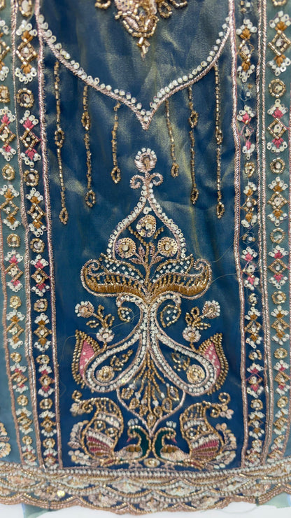 Teal Blue Pure Chandnia Silk Handwork Motif Peacock Pattern Crystal Beads Multi Thread Dori and Sequins Work Bridal Lehenga Choli