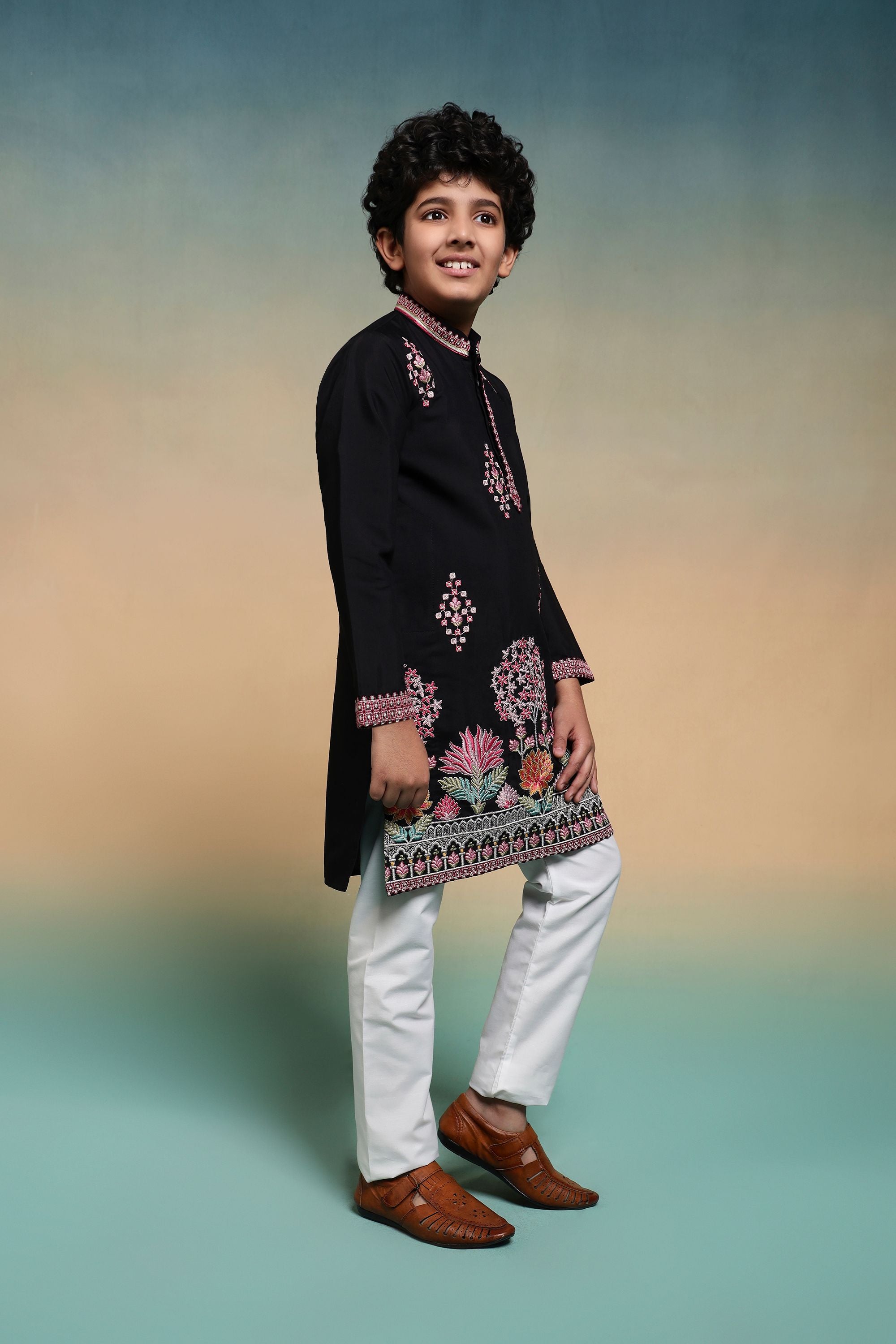 Black Pure Viscose Silk Kids Boy Kurta Pajama