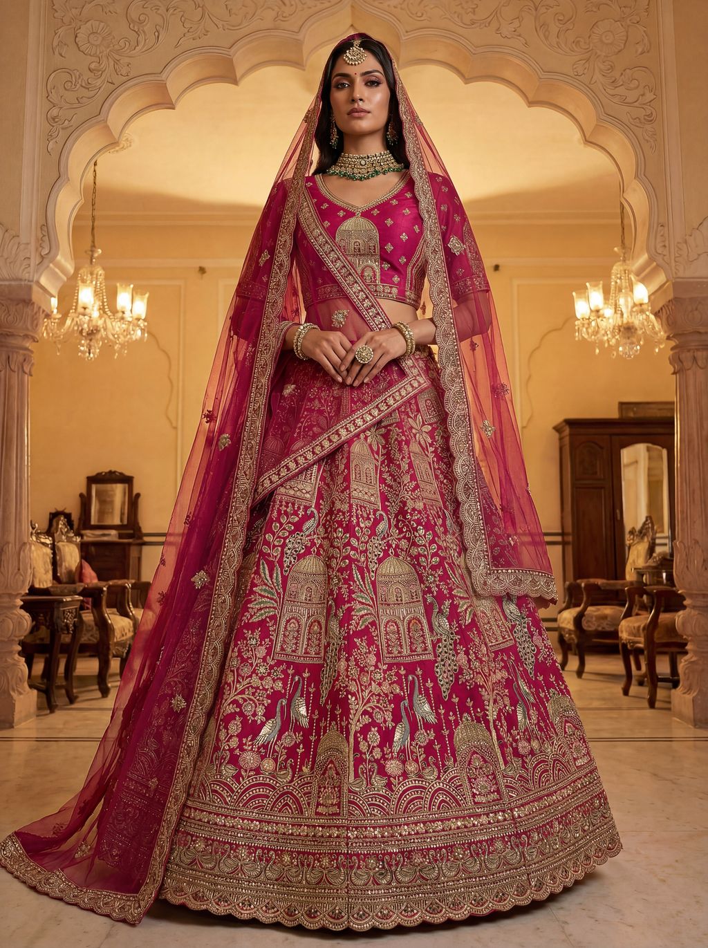 Pink Pure Soft Gadwal Silk Heavy Embroidery Work Bridal Lehenga 