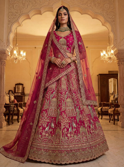 Pink Pure Soft Gadwal Silk Heavy Embroidery Work Bridal Lehenga 