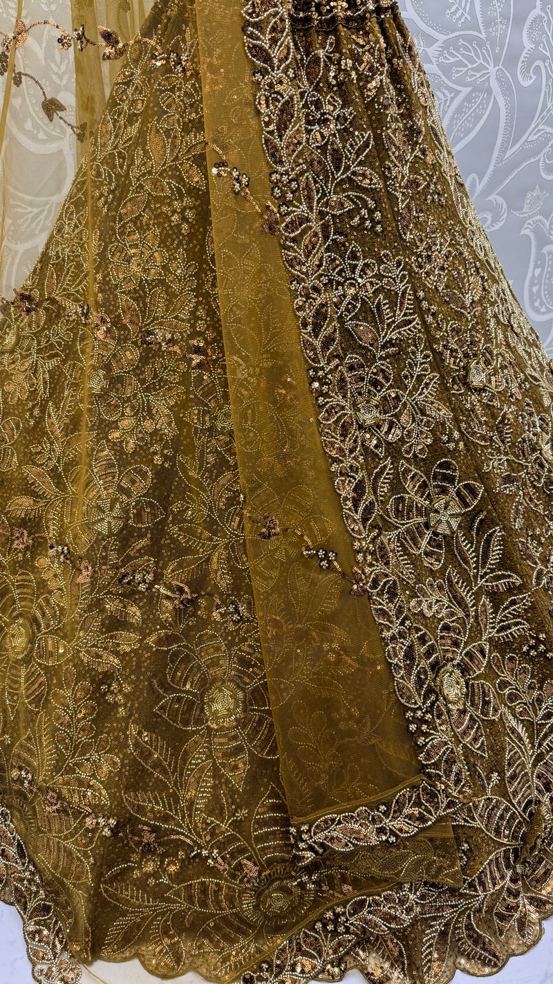 Metallic Gold  Pure Soft Net Heavy Embroidery Work Bridal Lehenga