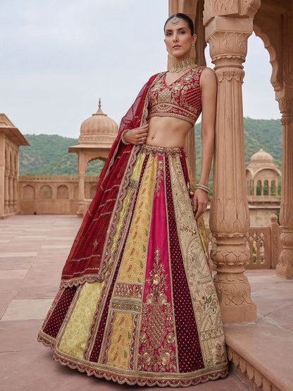 Multicolour Pure Soft Silk Heavy Embroidery Work Bridal Lehenga 