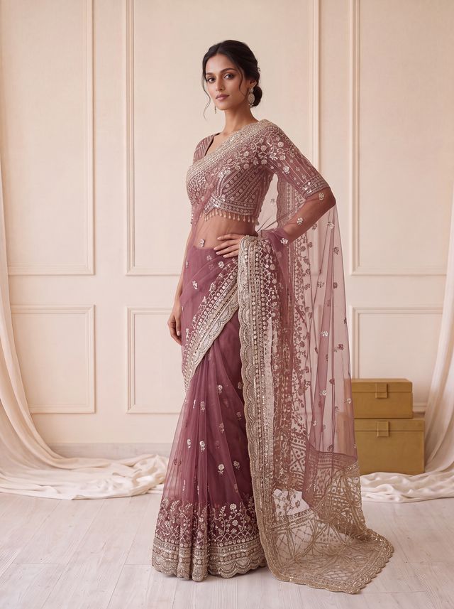 Wine Pure Premium Net Handwork Kasti &amp; Motif Zari Metallic Sequins Work Wedding Saree