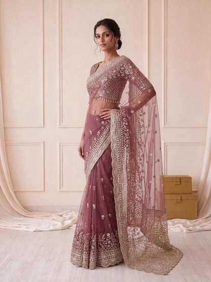 Wine Pure Premium Net Handwork Kasti &amp; Motif Zari Metallic Sequins Work Wedding Saree
