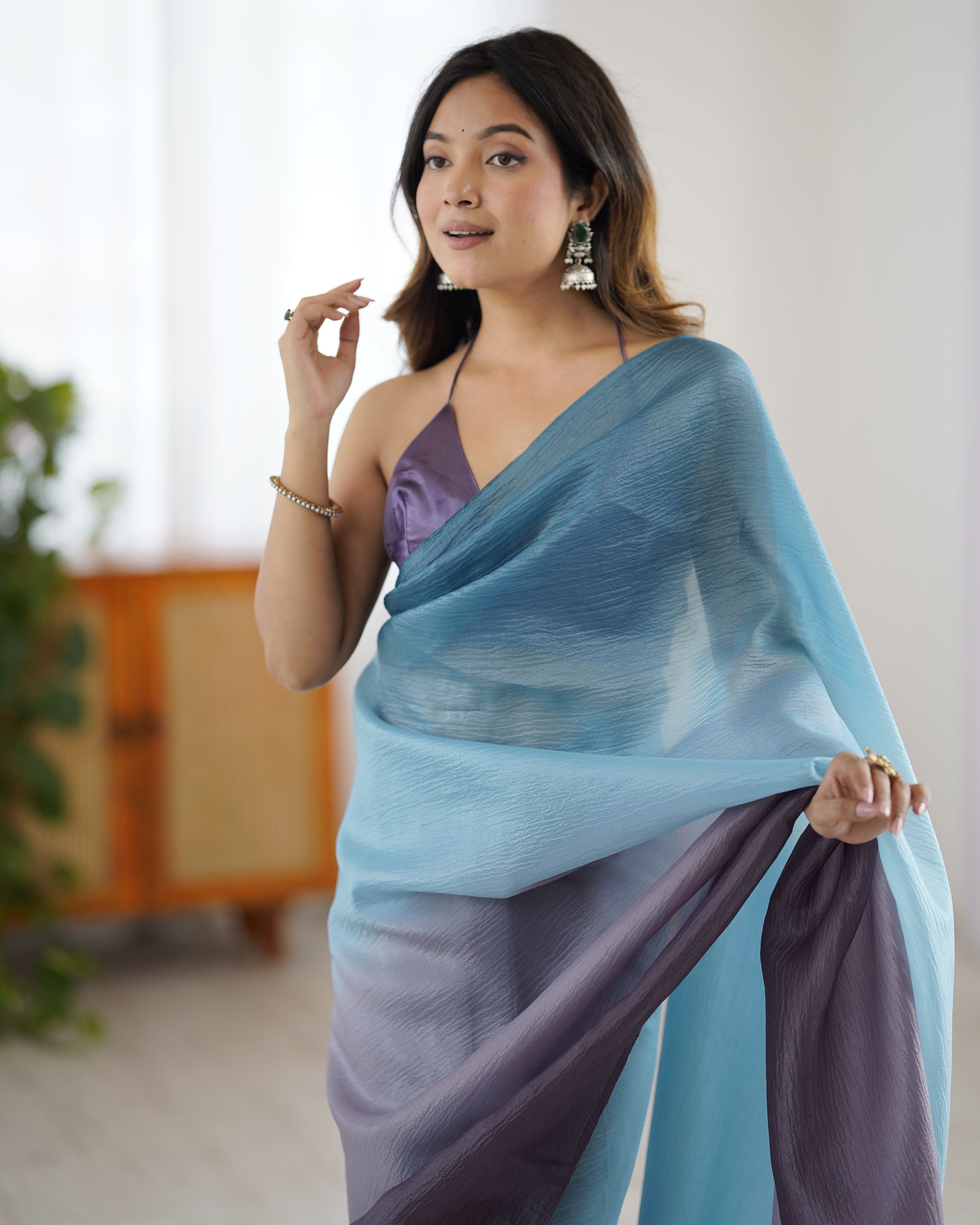 Grey shaded Pure Soft Candy Crush Silk Ready to Wear Saree ##color## Ready to Wear Saree with premium fabric and embroidery