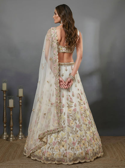 White Pure Soft Heavy Net Sequins Embroidery Work Bridal Lehenga 