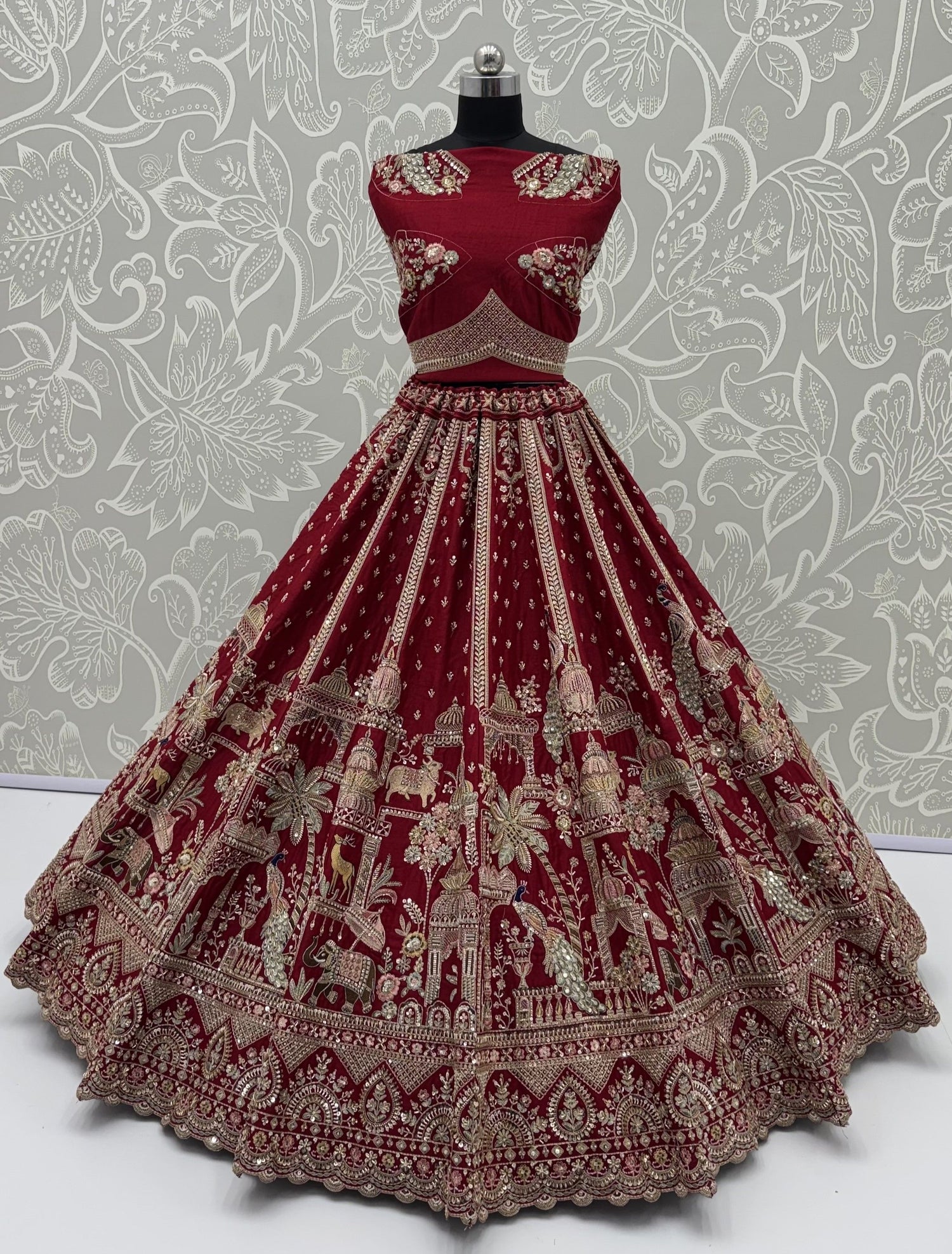 Red Pure Soft Multi Color Motif Multi thread Embroidery Sequins Work Bridal Lehenga Choli