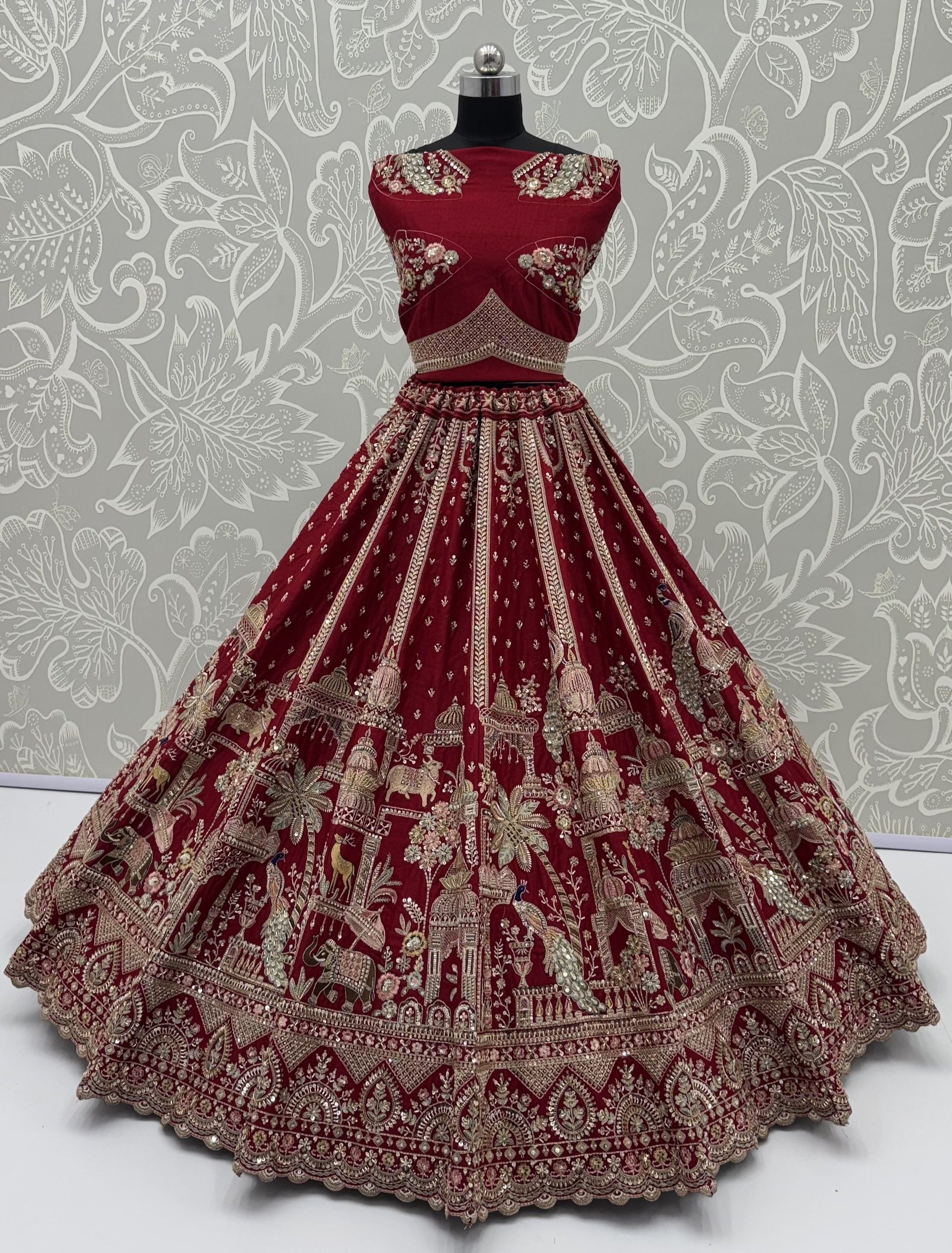 Red Pure Soft Multi Color Motif Multi thread Embroidery Sequins Work Bridal Lehenga Choli