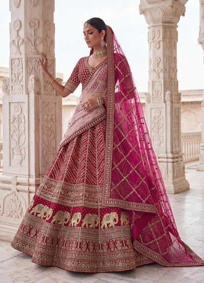 Rani Pink Pure Slubb Silk Premium Tatamie Zari Dori Embroidery Metalic Sequins Work Bridal Lehenga Choli