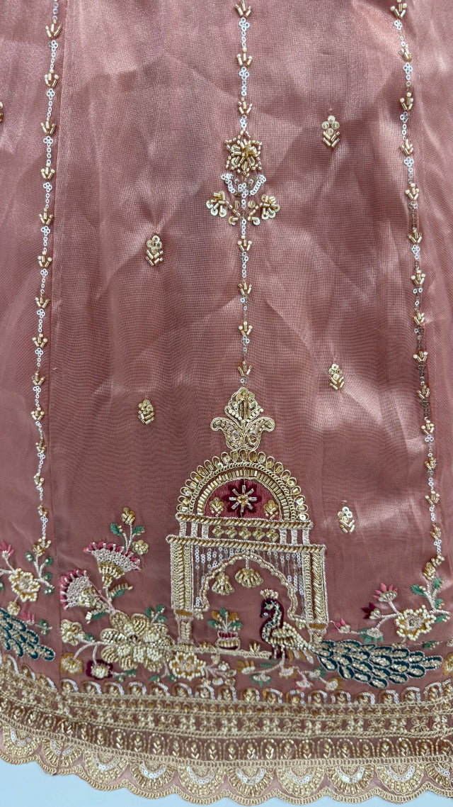 Pink Pure Chandnia Silk Handwork Motif Peacock Pattern Crystal Beads Multi Thread Dori &amp; Sequins Work Bridal Lehenga Choli