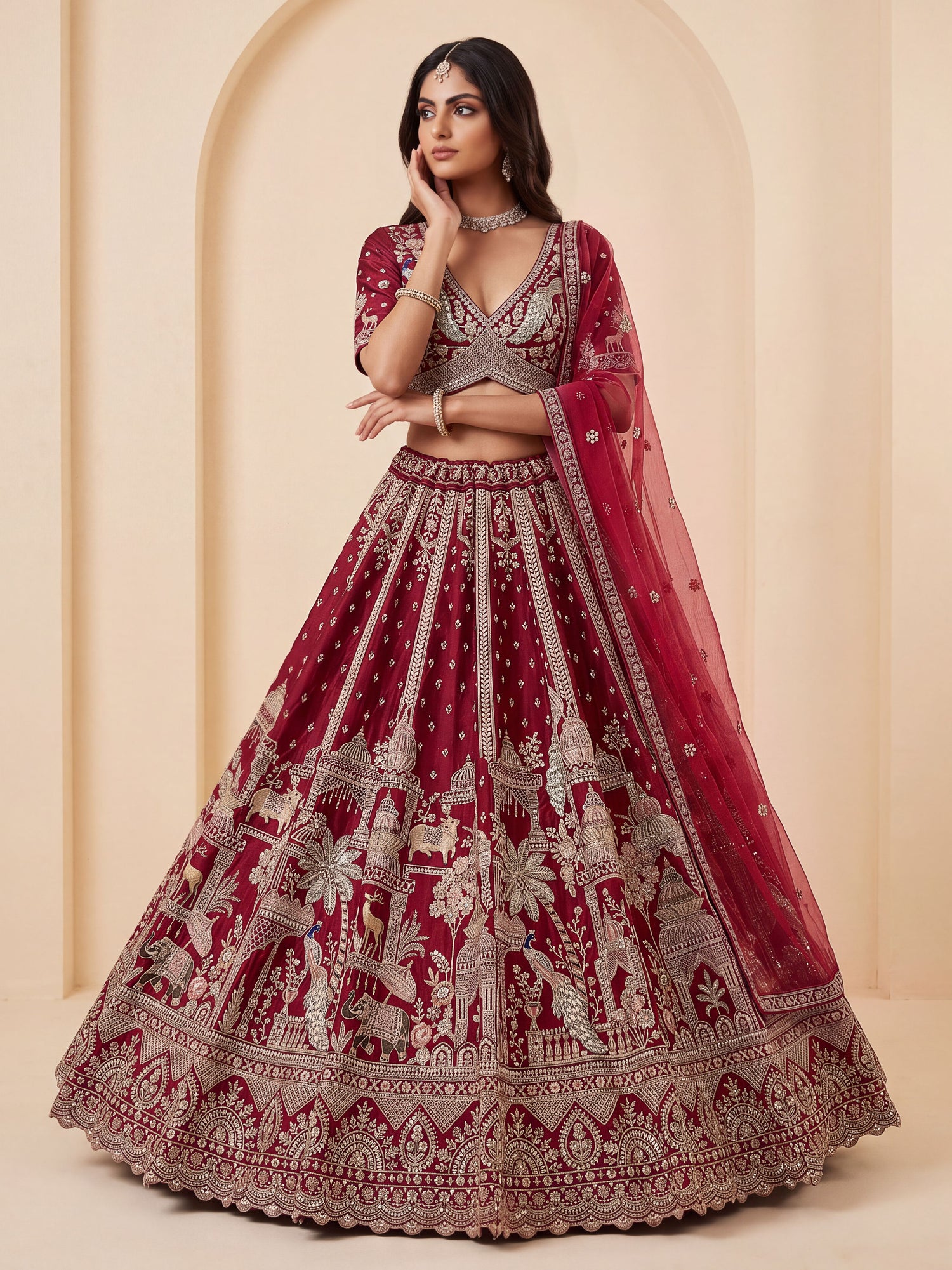 Red Pure Soft Multi Color Motif Multi thread Embroidery Sequins Work Bridal Lehenga Choli