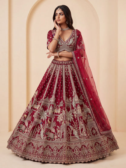 Red Pure Soft Multi Color Motif Multi thread Embroidery Sequins Work Bridal Lehenga Choli
