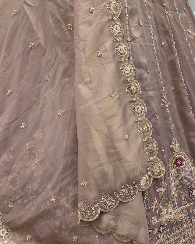 Light Brown Pure Chandnia Silk Handwork Motif Peacock Pattern Crystal Beads Multi Thread Dori &amp; Sequins Work Bridal Lehenga Choli
