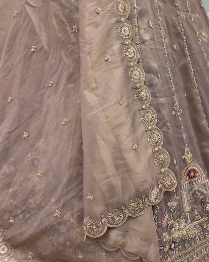 Light Brown Pure Chandnia Silk Handwork Motif Peacock Pattern Crystal Beads Multi Thread Dori &amp; Sequins Work Bridal Lehenga Choli