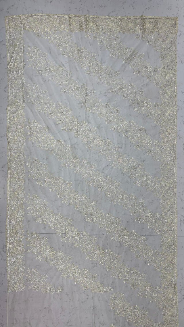Cream Pure Premium Net Handwork Kasti &amp; Motif Zari Metallic Sequins Work Wedding Saree