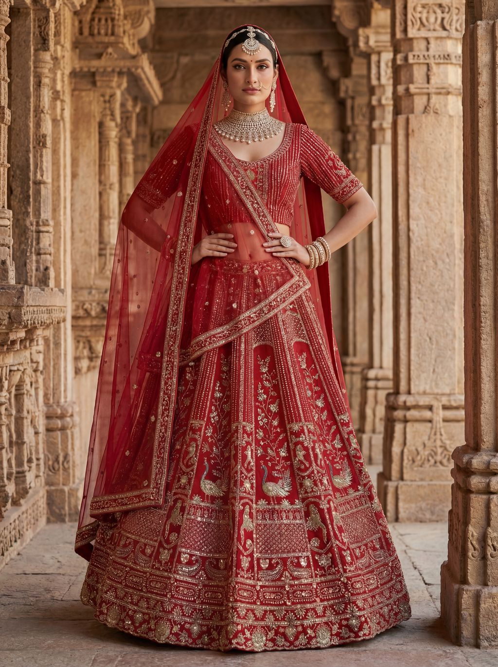 Red Pure Soft Silk Heavy Embroidery Work Bridal Lehenga