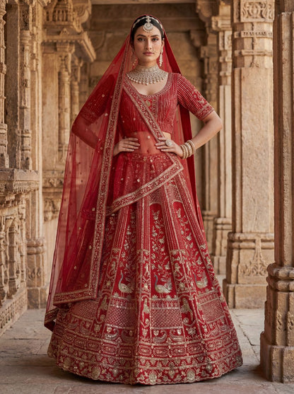Red Pure Soft Silk Heavy Embroidery Work Bridal Lehenga 