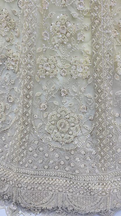 Cream Pure Heavy Net Motif Handwork Zari Sequins Work Bridal Lehenga Choli