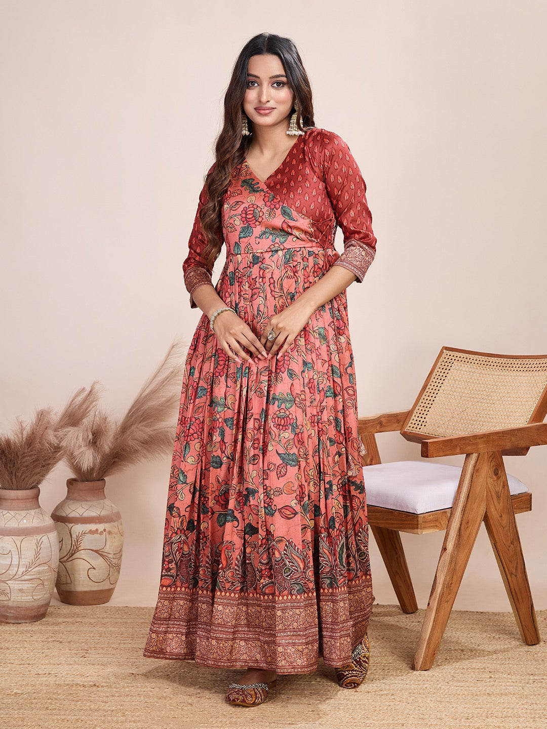 Peach Pure Silk Blend Kalamkari Anarkali Gown Anarkali Gown Anant Tex Exports Pvt.Ltd..