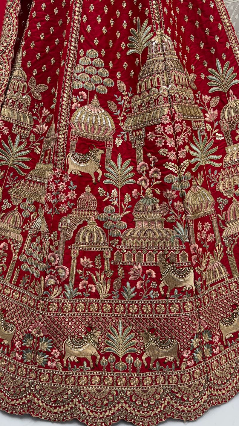 Red Pure Soft Net Heavy Embroidery Work Bridal Lehenga