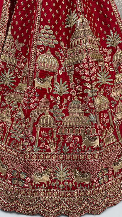 Red Pure Soft Net Heavy Embroidery Work Bridal Lehenga