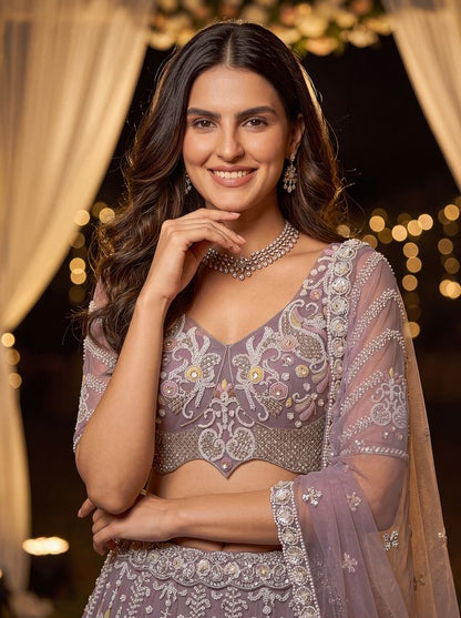Lilac Pure Heavy Net Motif Handwork Zari Sequins Work Bridal Lehenga Choli