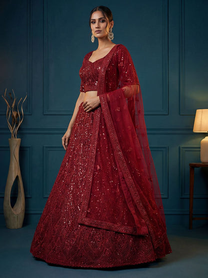 Red Pure Soft Net Heavy Embroidery Work Bridal Lehenga 