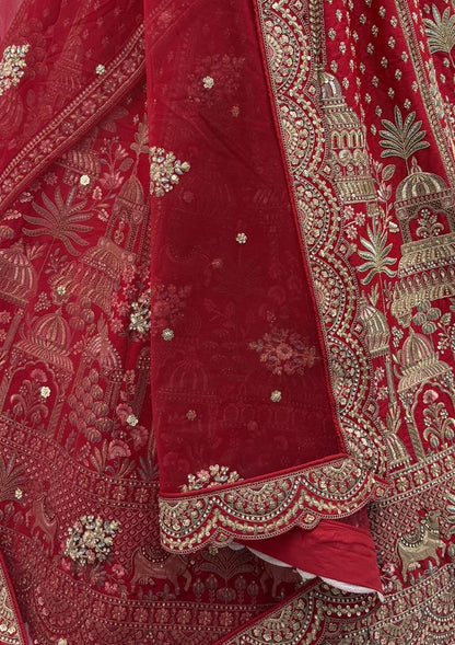 Red Pure Soft Net Heavy Embroidery Work Bridal Lehenga