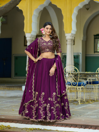 Maroon Pure Rangoli Silk Sequins &amp; Thread Embroidery Work Lehenga Choli