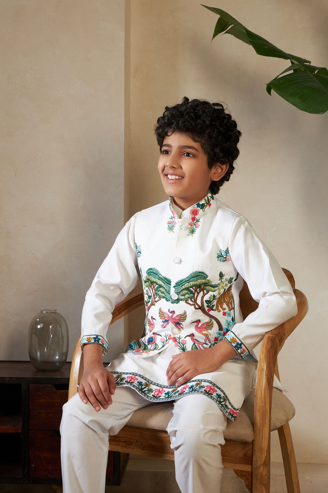 White Pure Viscose Silk Silk Kids Boy Kurta Pajama With Koti Jacket 