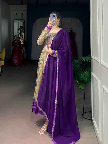 Purple Pure Tasar Silk Floral Print &amp; Elegant Foil Work Anarkali Suit