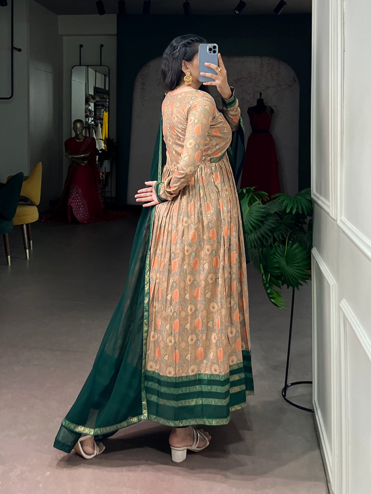Green Pure Tasar Silk Floral Print &amp; Elegant Foil Work Anarkali Suit