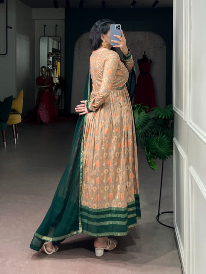 Green Pure Tasar Silk Floral Print &amp; Elegant Foil Work Anarkali Suit