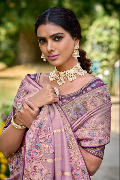 Elegant Gadwal Silk Saree In Oriental Pink With Embroidery and Handwork