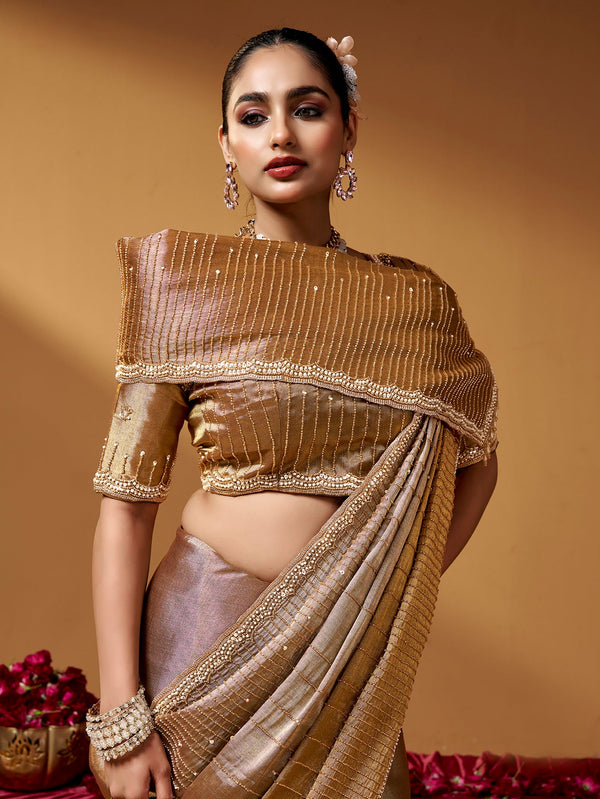 Gold Pure Kanjivaram Rich Zari Embroidery & Tube Beads Work Tissue Saree